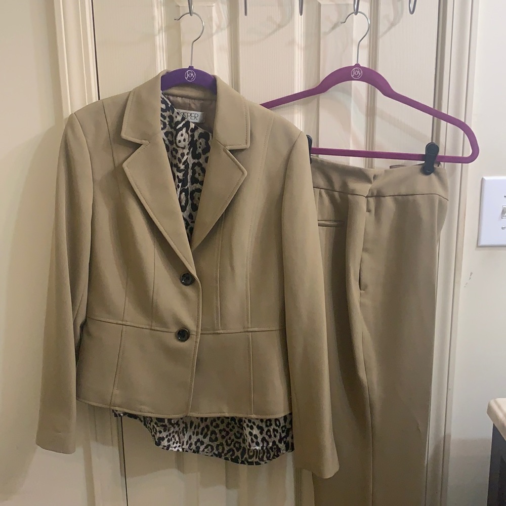 Khaki Kasper Pant Suit with Animal Print Top